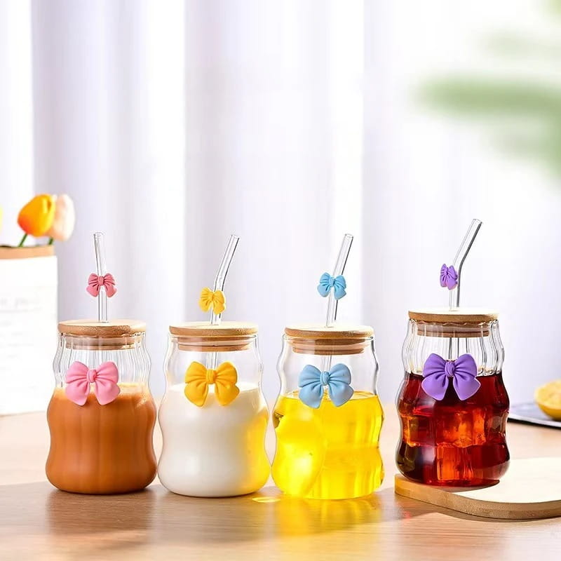 Glass Bow Drinking Cup with Lid & Straw – Cute Reusable Tumbler