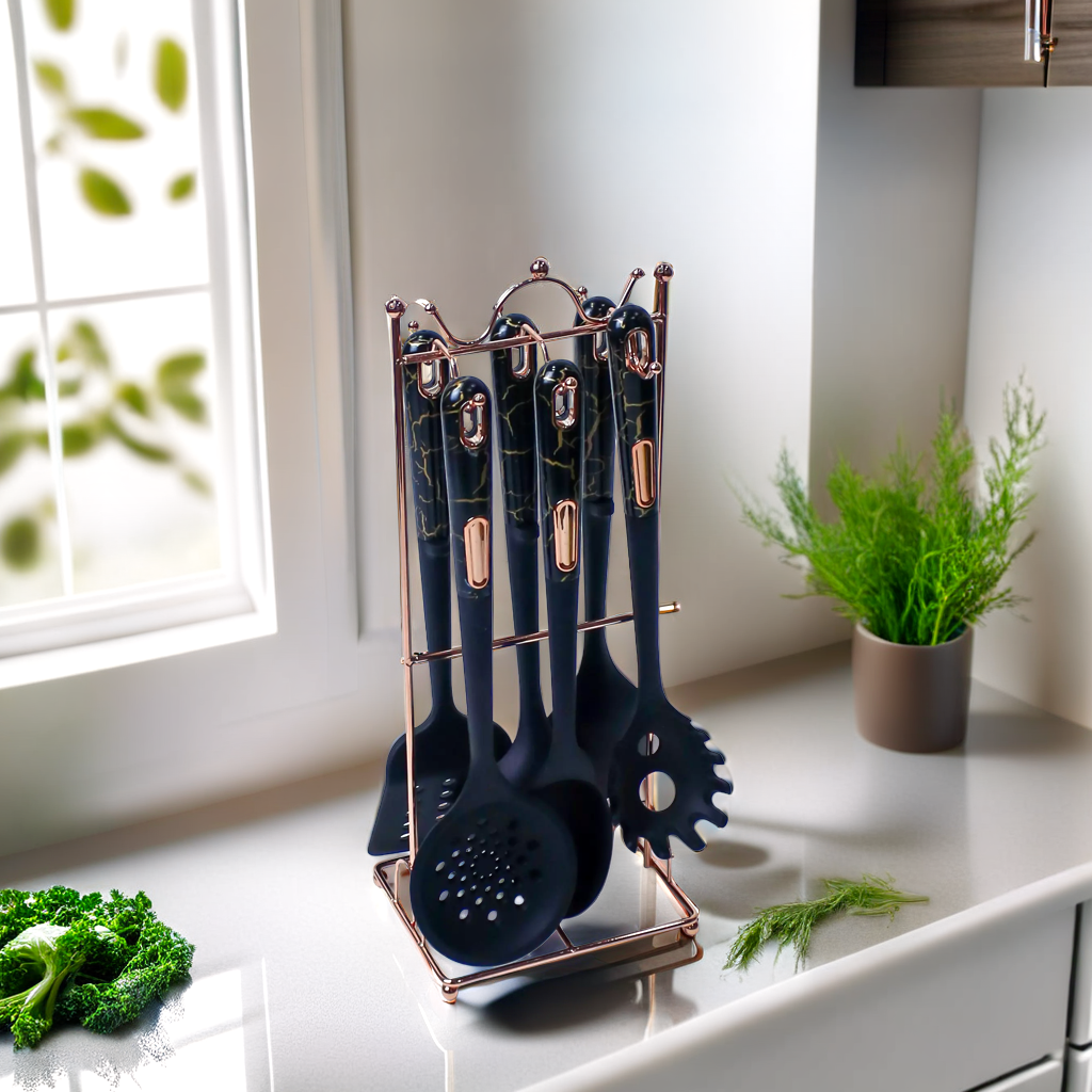 Elegant White/Black Marble Effect Silicone Kitchen Utensil Set - 7 Pieces
