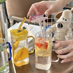 400ml Square Glass Tumbler with Handle, Lid & Straw – Aesthetic Reusable Juice & Coffee Cup