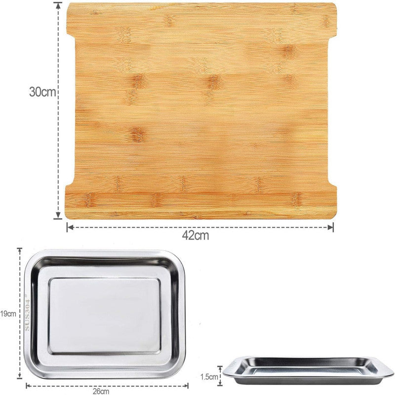 Bamboo Cutting Board With 2 Steel Trays