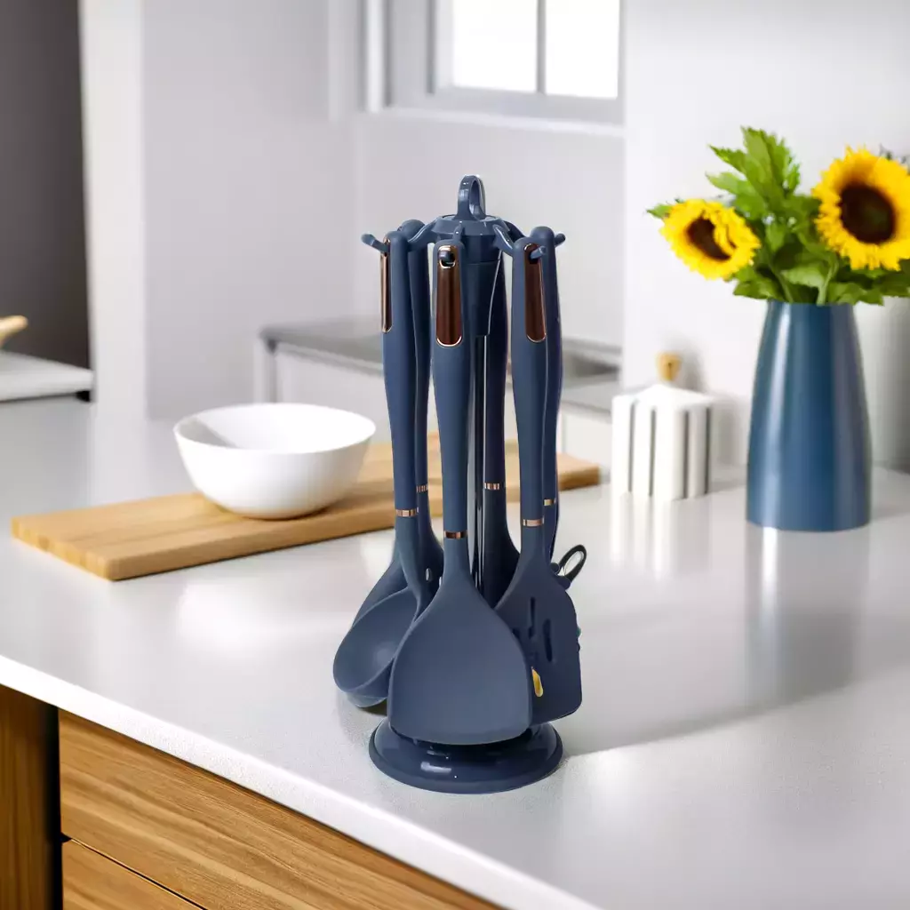 Premium Beige/Dark Slate Blue  Silicone Kitchen Utensil Set with Rotating Stand - 7 Pieces