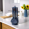 Premium Beige/Dark Slate Blue  Silicone Kitchen Utensil Set with Rotating Stand - 7 Pieces