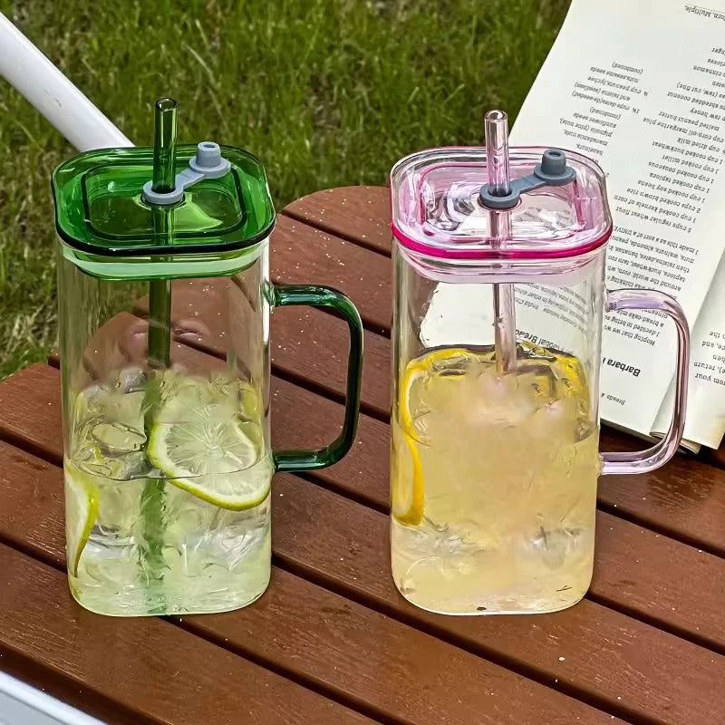 400ml Square Glass Tumbler with Handle, Lid & Straw – Aesthetic Reusable Juice & Coffee Cup
