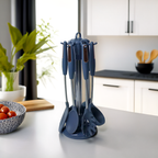 Premium Dark Slate Blue/Sea Green  Silicone Kitchen Utensil Set with Rotating Stand - 7 Pieces