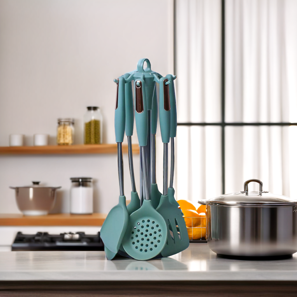 Premium Dark Slate Blue/Sea Green  Silicone Kitchen Utensil Set with Rotating Stand - 7 Pieces