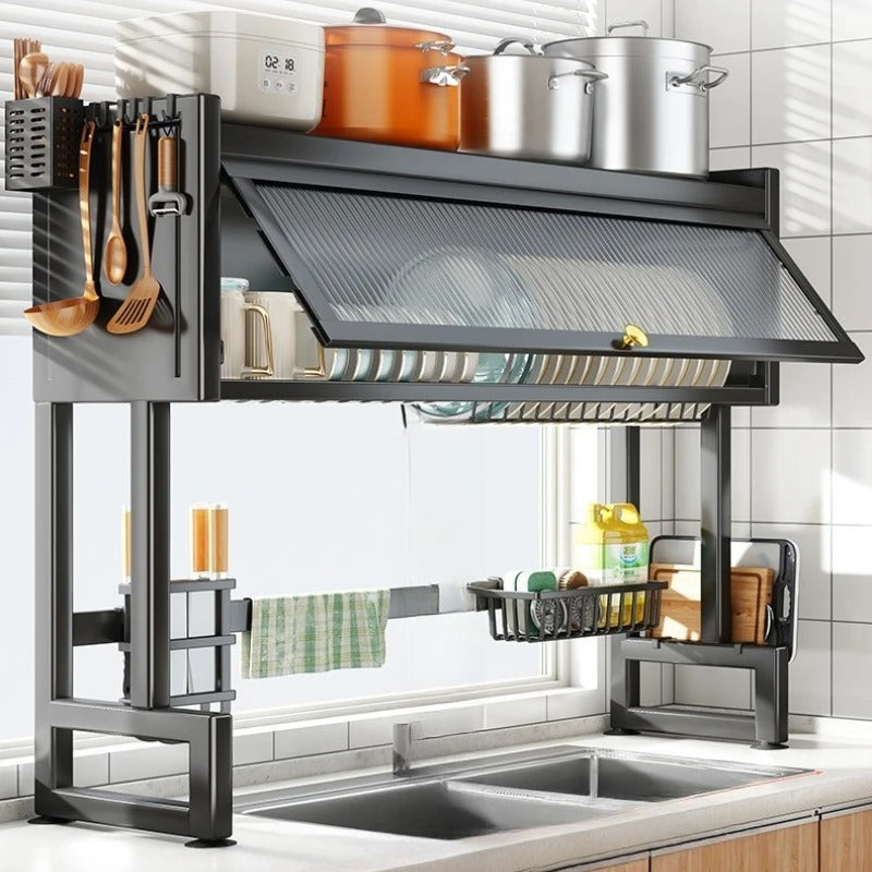 Over the Sink Cabinet Dish Drying Rack | Multifunctional Kitchen Storage Organizer with Dustproof Sliding Cover