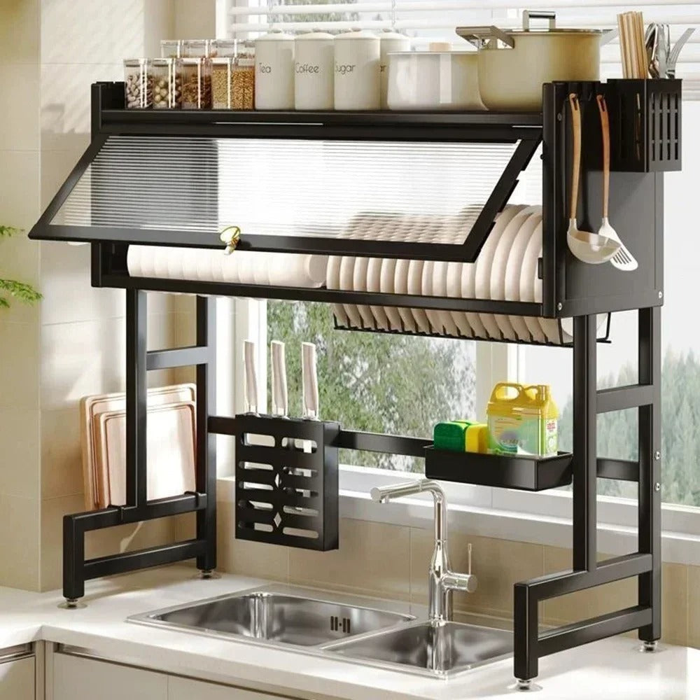 Over the Sink Cabinet Dish Drying Rack | Multifunctional Kitchen Storage Organizer with Dustproof Sliding Cover
