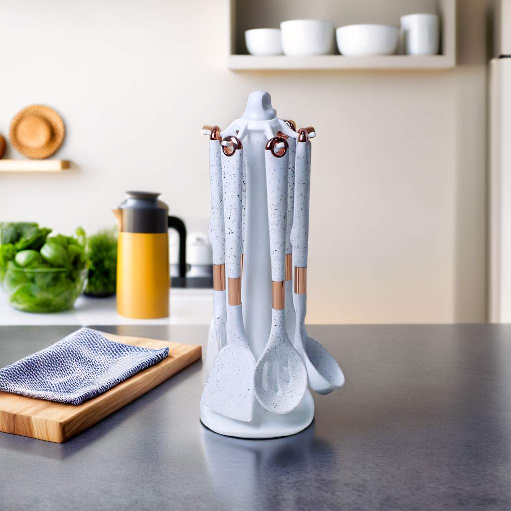 Elegant Silicone Kitchen Utensil Set with Rotating Stand - 7 Pieces