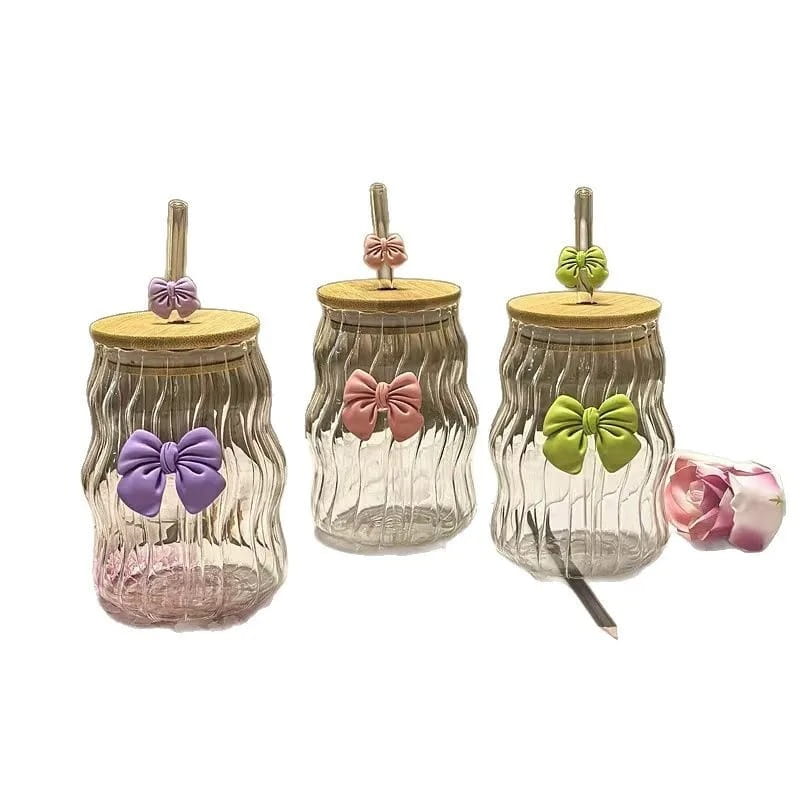 Glass Bow Drinking Cup with Lid & Straw – Cute Reusable Tumbler