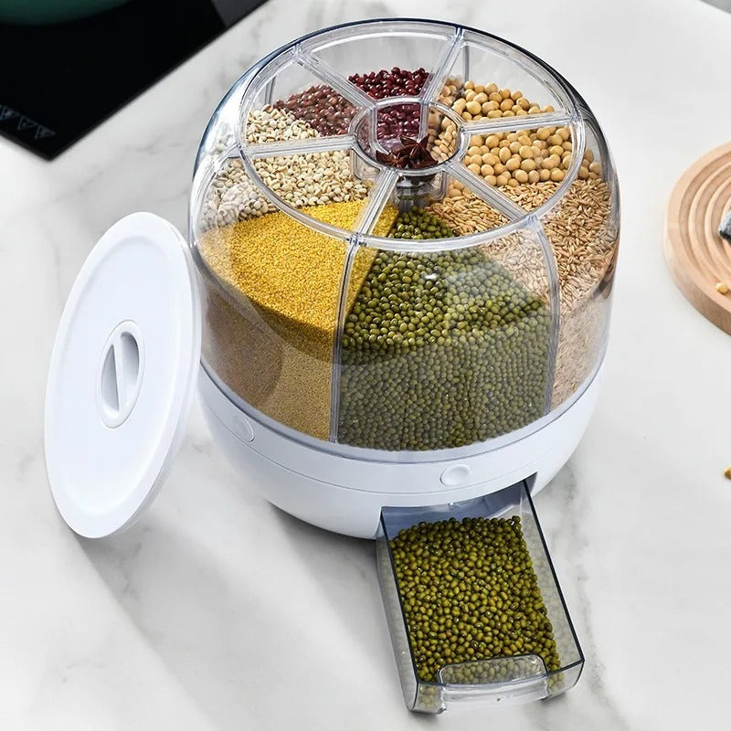 360° Rotating Grain Dispenser | Multi-Compartment Rice & Cereal Storage Container