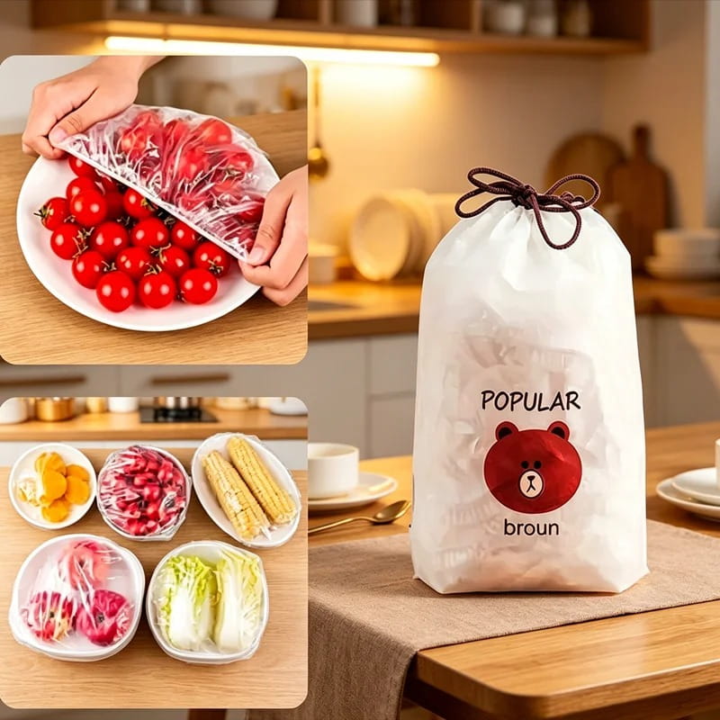 Elastic Food Storage Covers Set – Bear Drawstring Bag (Approx 100 Pcs)
