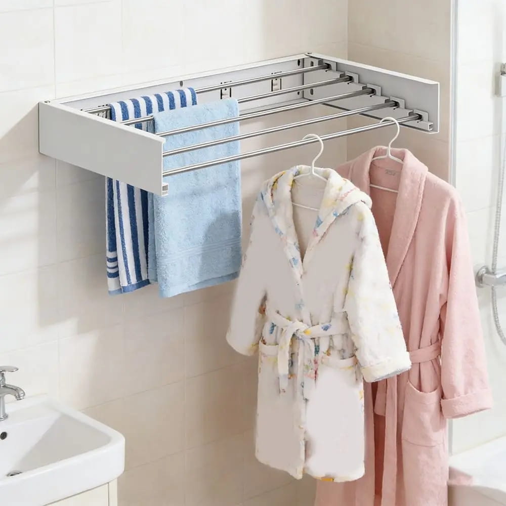 Wall Mounted Foldable Drying Rack with Clothes Hanger Rails