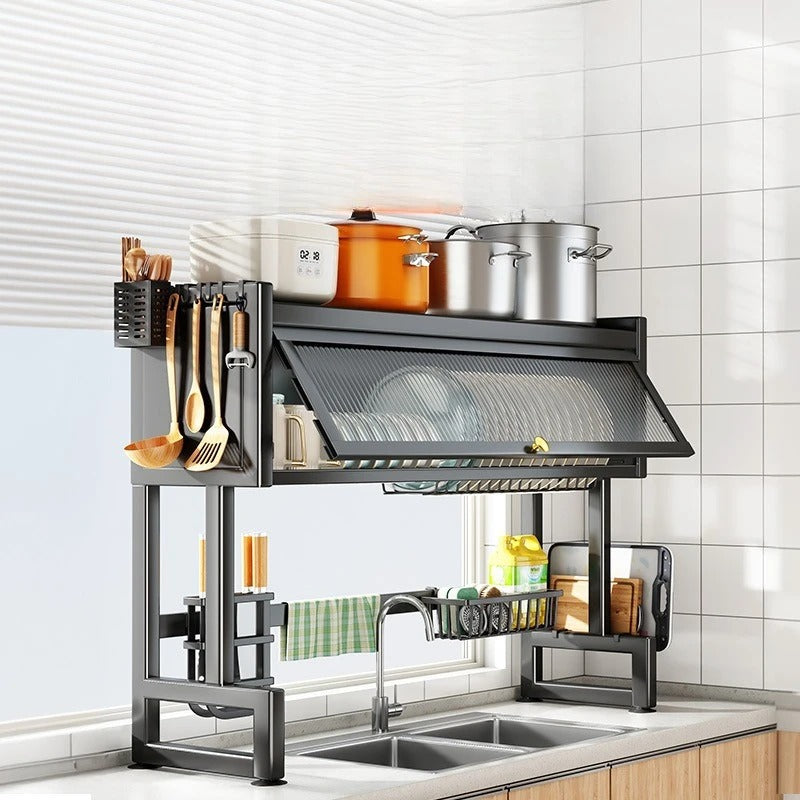 Over the Sink Cabinet Dish Drying Rack | Multifunctional Kitchen Storage Organizer with Dustproof Sliding Cover