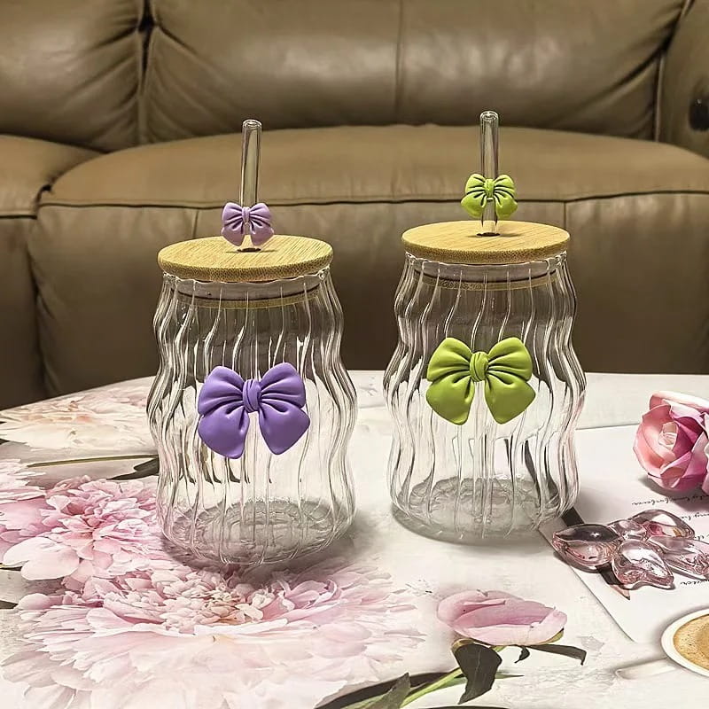Glass Bow Drinking Cup with Lid & Straw – Cute Reusable Tumbler