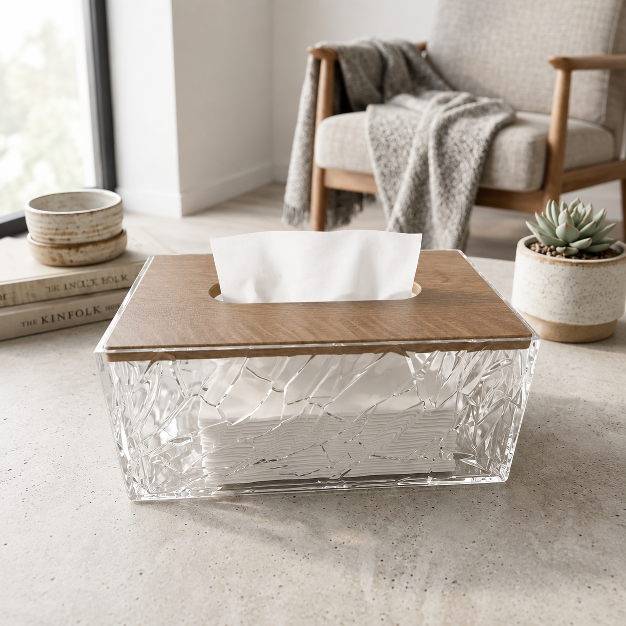 Luxury Acrylic Tissue Box Holder with Wooden Top & Crackle Design