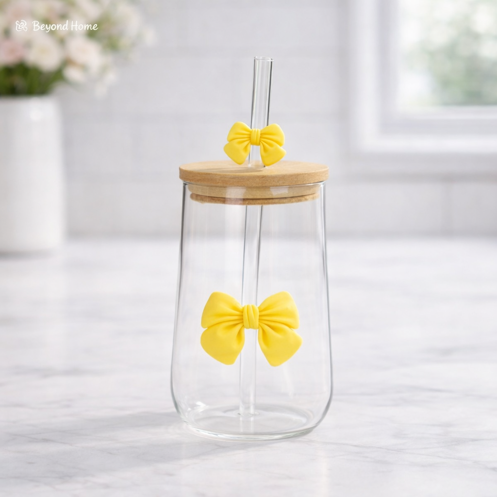 500 ML Butterfly Glass Tumblers Set with Bamboo Lid & Straw | Drinkware for Coffee, Juice & Milk