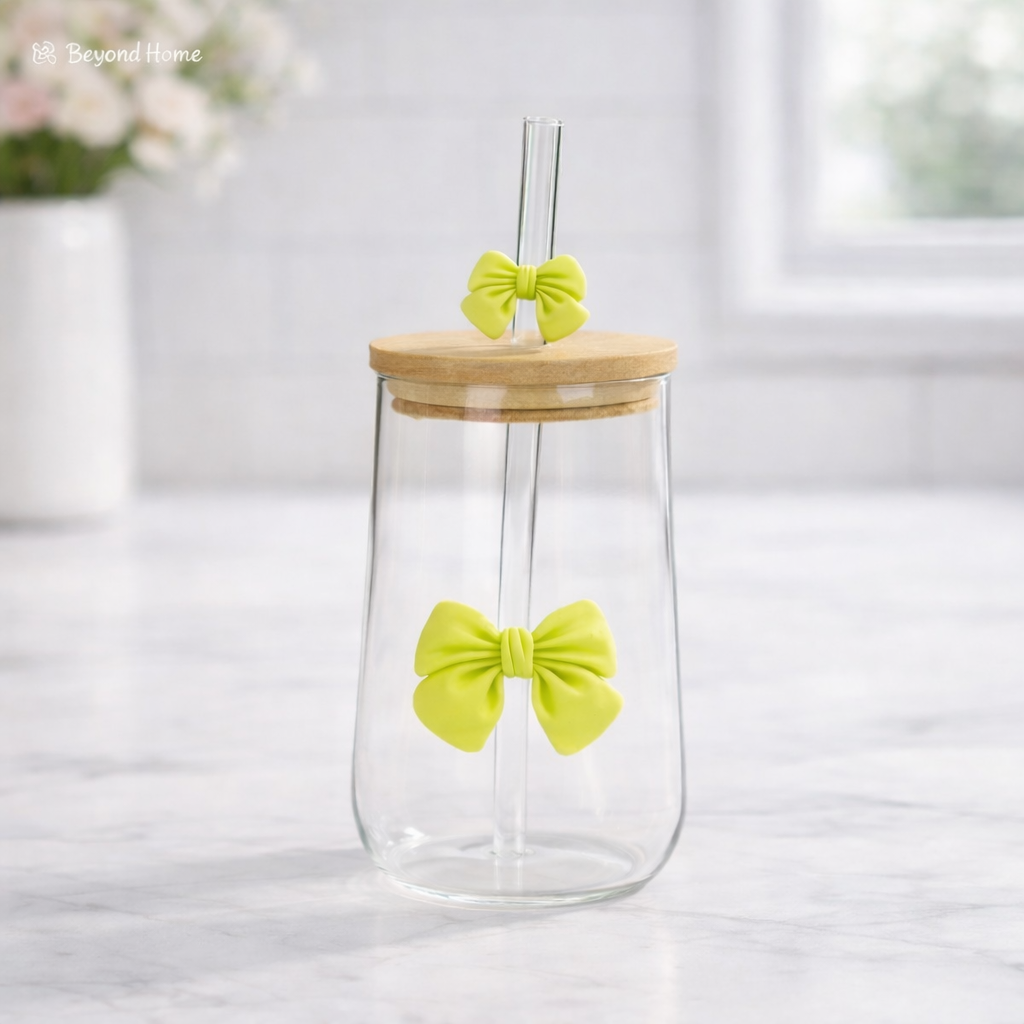 500 ML Butterfly Glass Tumblers Set with Bamboo Lid & Straw | Drinkware for Coffee, Juice & Milk