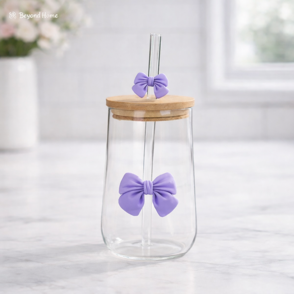 500 ML Butterfly Glass Tumblers Set with Bamboo Lid & Straw | Drinkware for Coffee, Juice & Milk