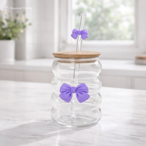 300 ML Wavy Butterfly Glass Tumblers Set with Bamboo Lid & Straw –  Aesthetic Drinkware for Coffee, Juice & Milk