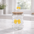 300 ML Wavy Butterfly Glass Tumblers Set with Bamboo Lid & Straw –  Aesthetic Drinkware for Coffee, Juice & Milk