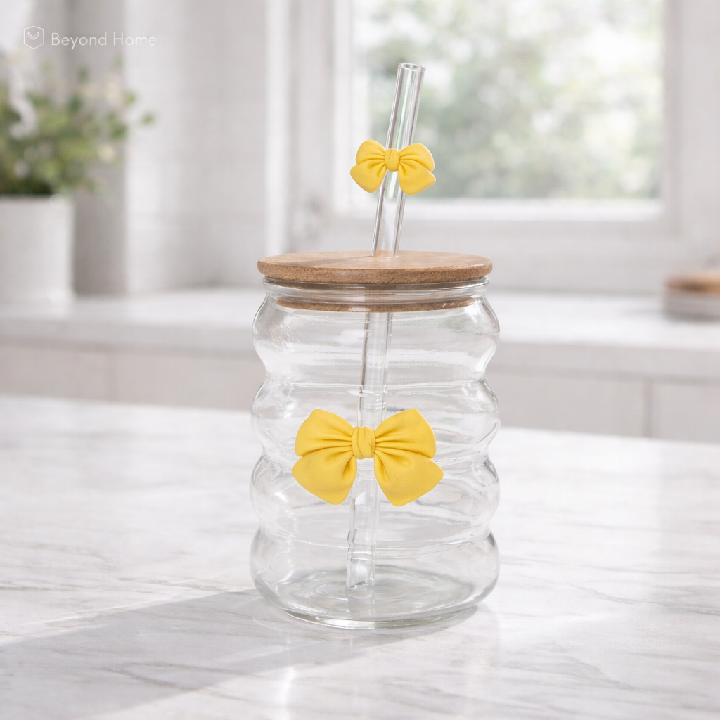 300 ML Wavy Butterfly Glass Tumblers Set with Bamboo Lid & Straw –  Aesthetic Drinkware for Coffee, Juice & Milk