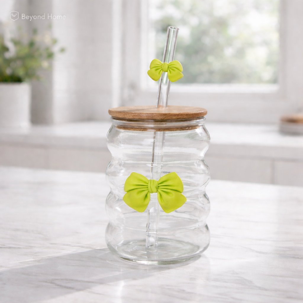 300 ML Wavy Butterfly Glass Tumblers Set with Bamboo Lid & Straw –  Aesthetic Drinkware for Coffee, Juice & Milk