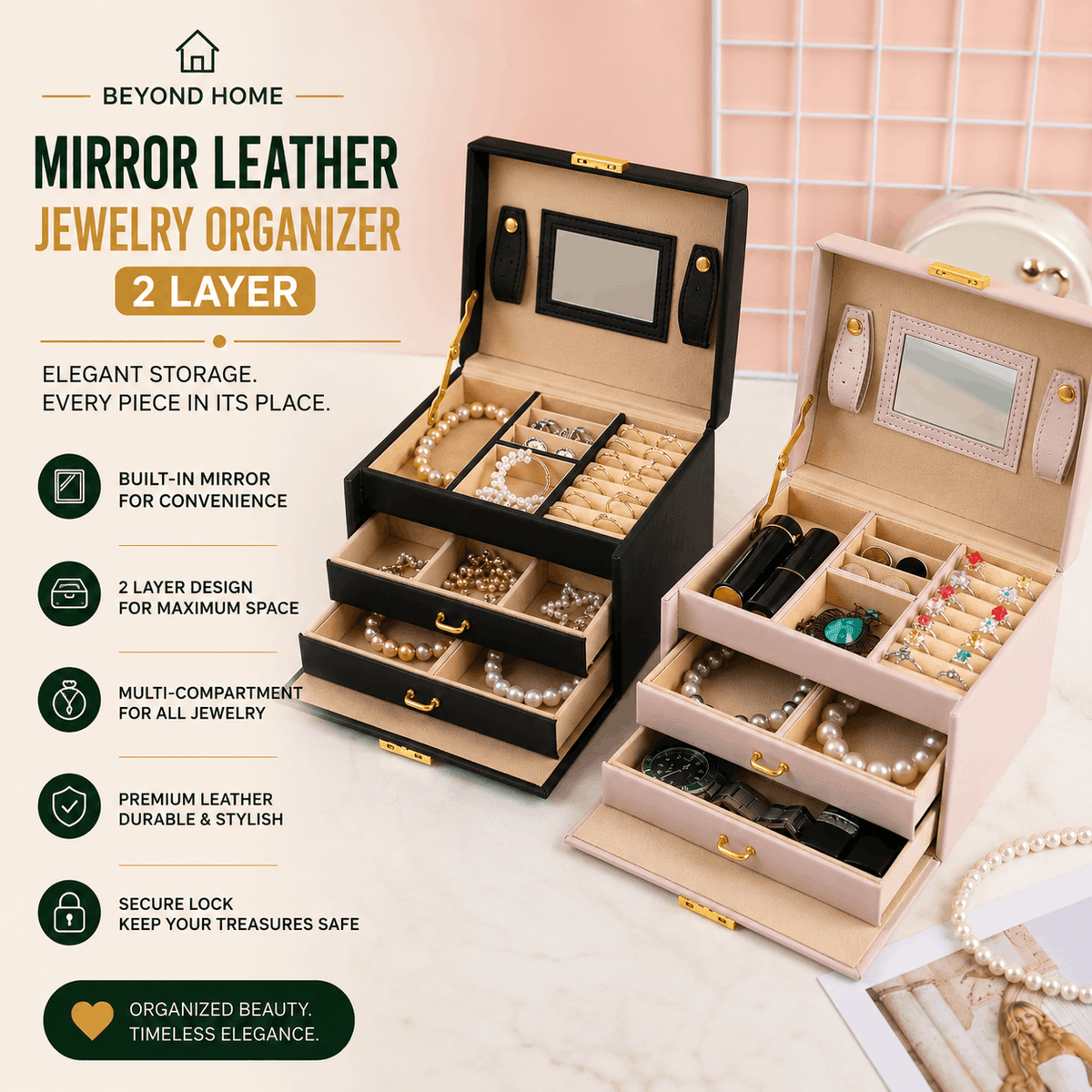 Mirror Leather Jewelry Organizer 2 Layer