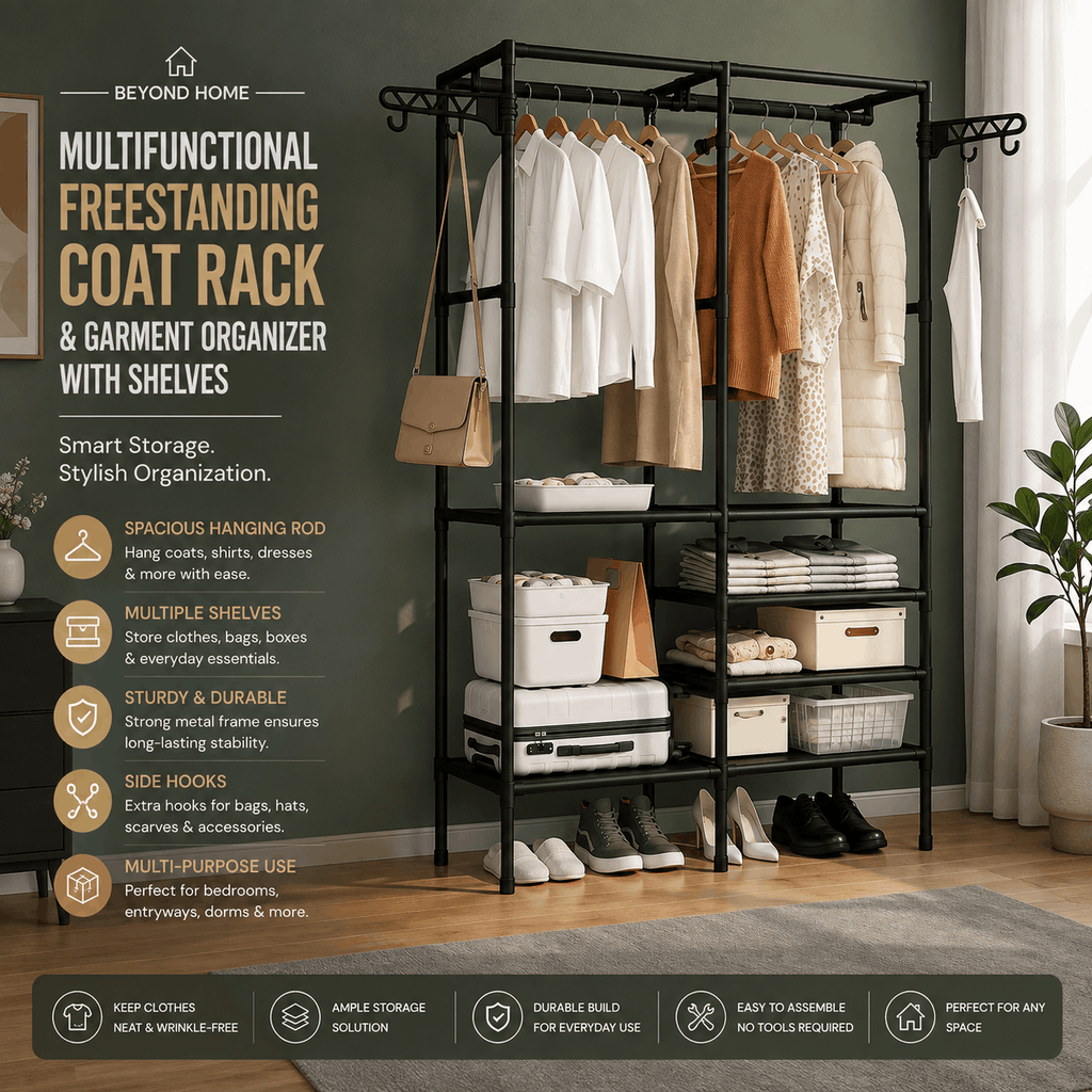 Multifunctional Freestanding Coat Rack & Garment Organizer with Shelves
