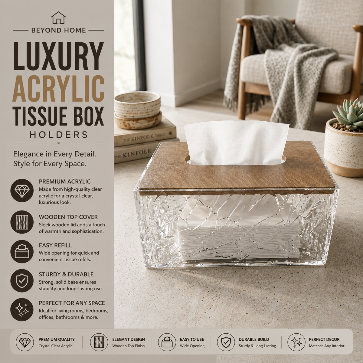 Luxury Acrylic Tissue Box Holder with Wooden Top & Crackle Design