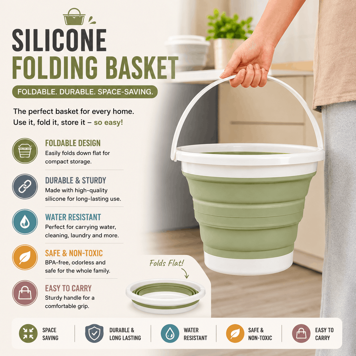 Silicone Folding Basket | Collapsible Multi-Purpose Bucket with Handle