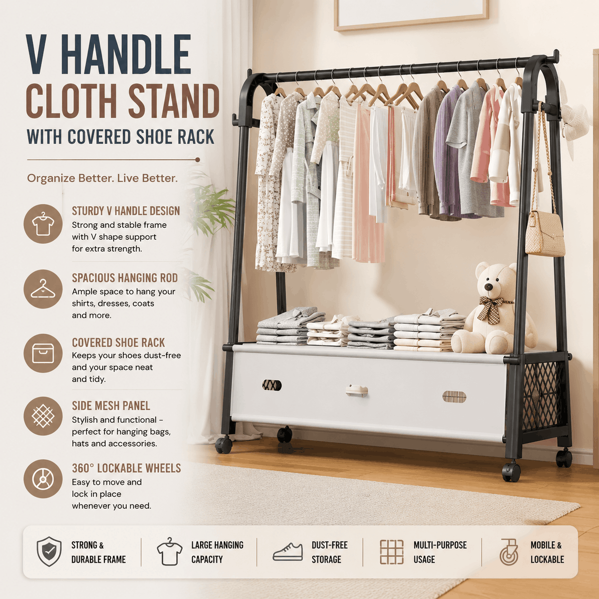V handle cloth stand with covered Shoe Rack