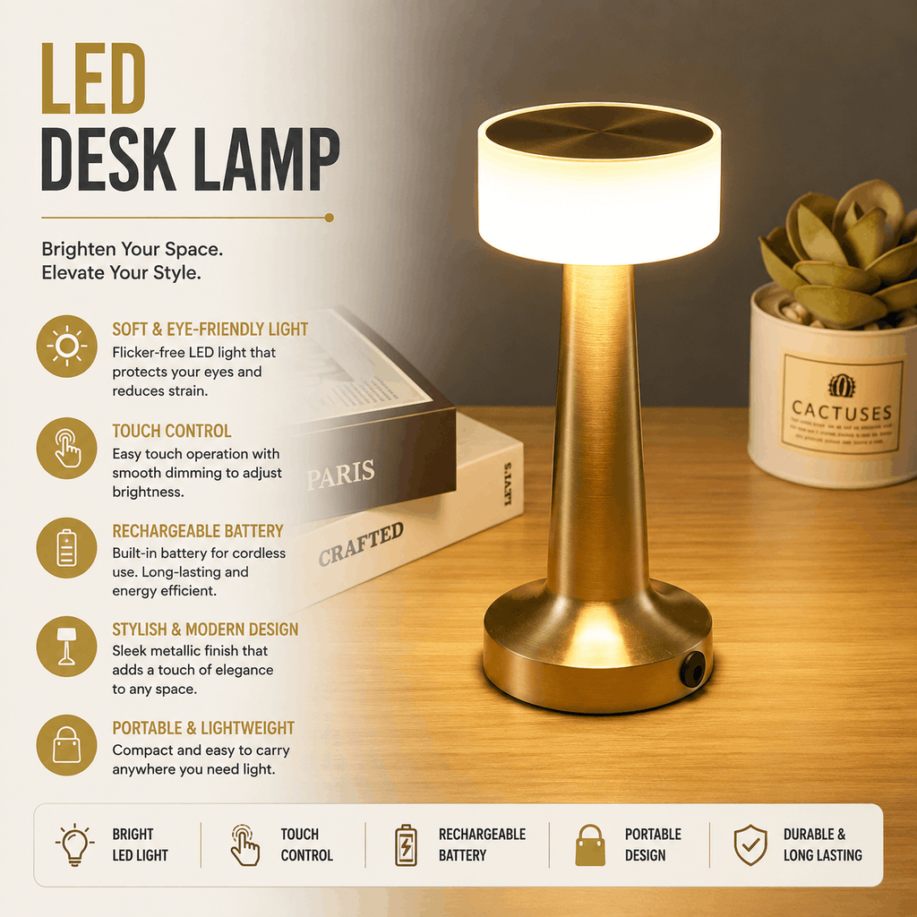 LED Desk Lamp – Modern Rechargeable Touch Table Lamp