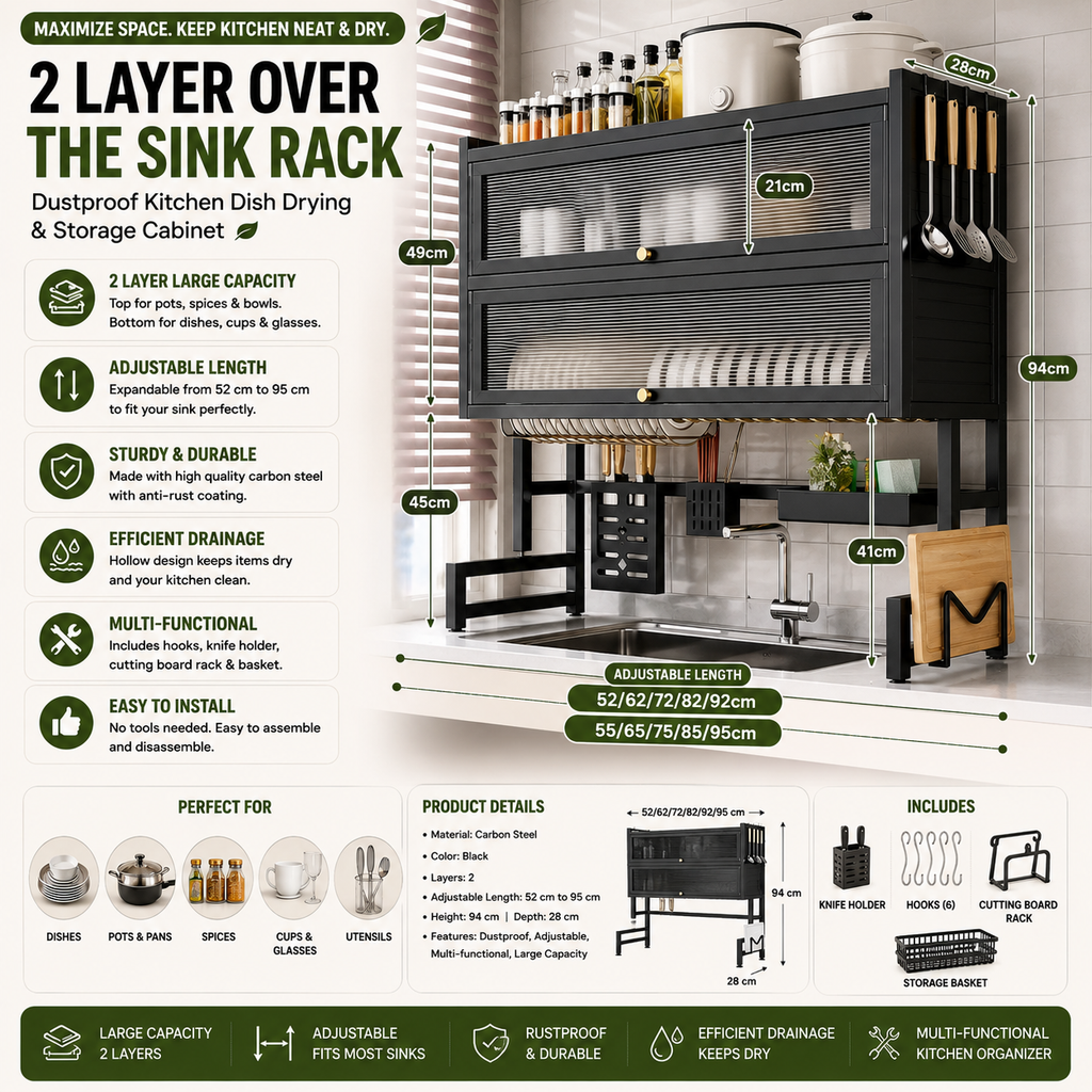 2 Layer Over the Sink Rack | Dustproof Kitchen Dish Drying & Storage Cabinet