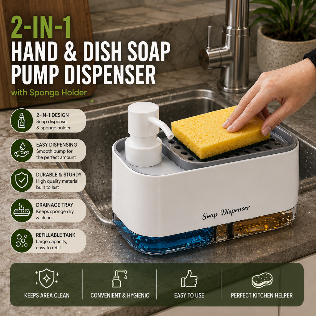 2-in-1 Hand & Dish Soap Pump Dispenser with Sponge Holder