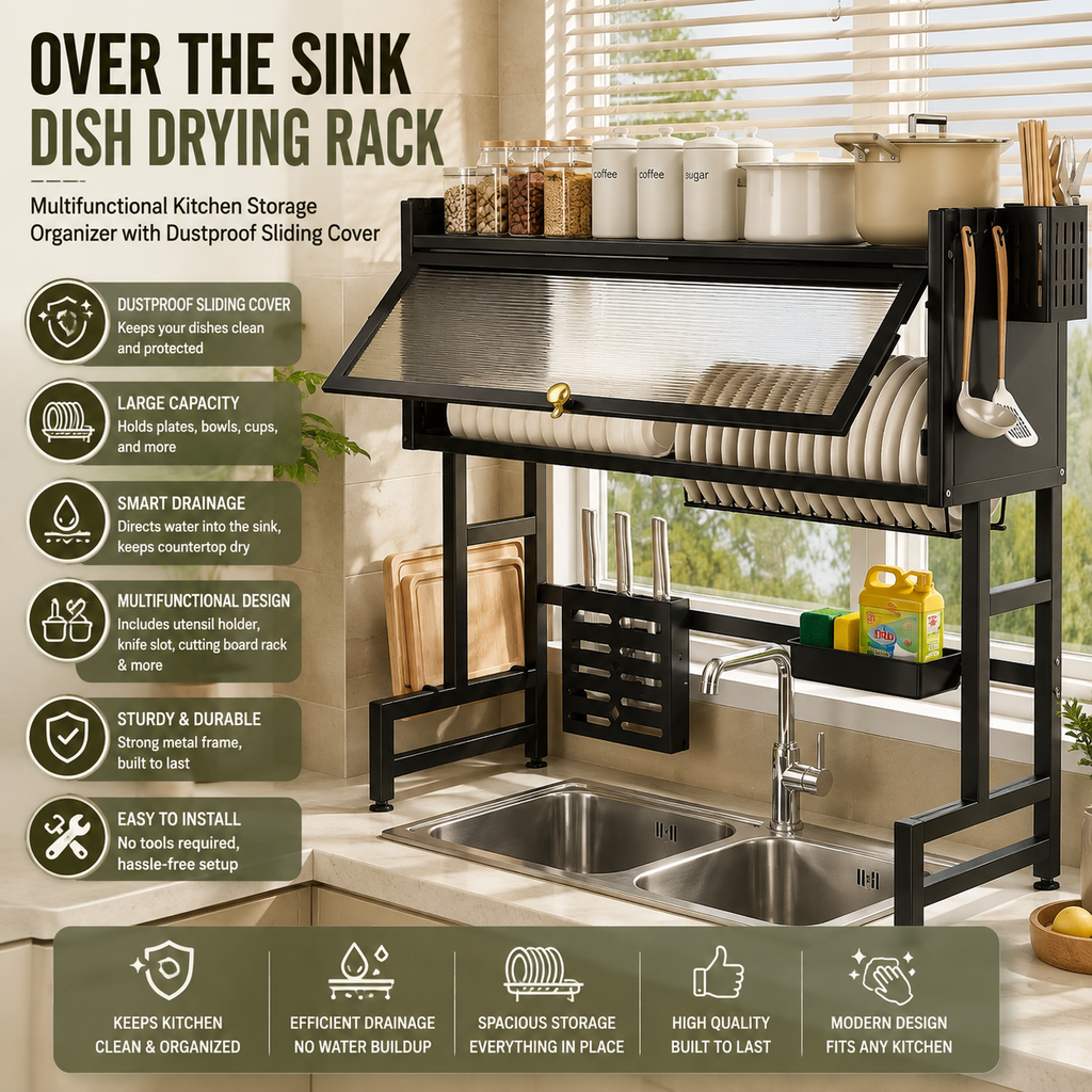 Over the Sink Cabinet Dish Drying Rack | Multifunctional Kitchen Storage Organizer with Dustproof Sliding Cover