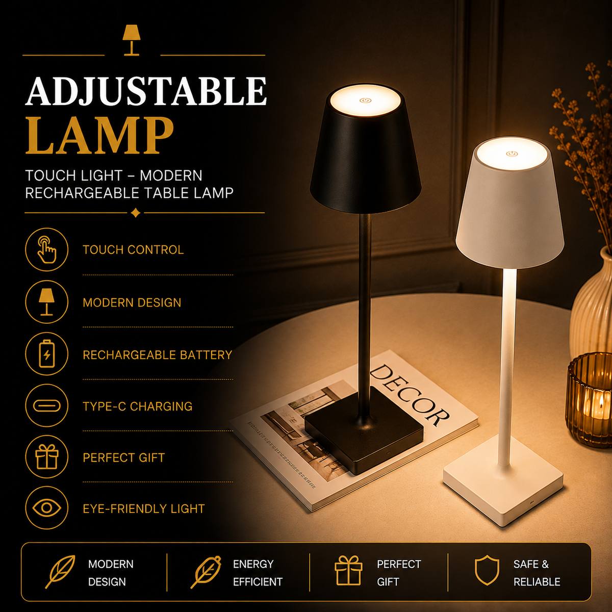 Adjustable Lamp Touch Light – Modern Rechargeable Table Lamp