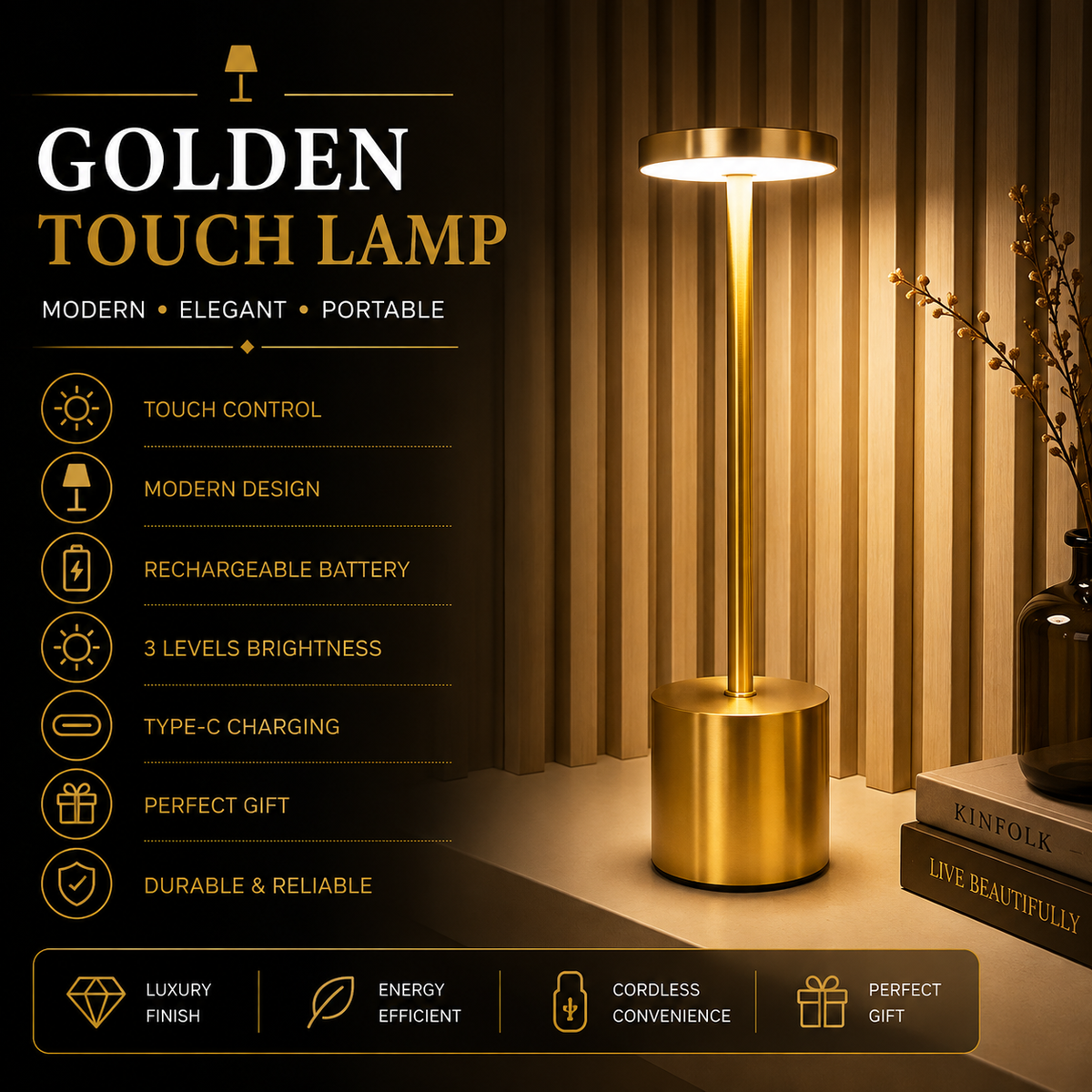 LED Desk Lamp –  Minimalist Rechargeable Table Lamp for Home & Office