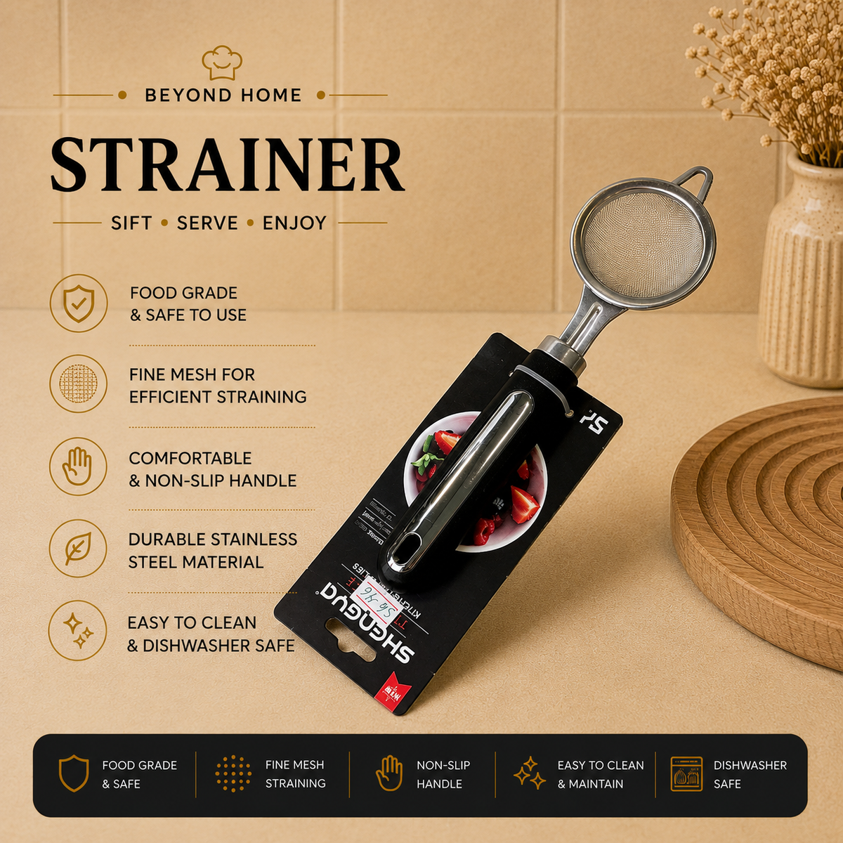 Premium Stainless Steel Fine Mesh Strainer - Multi-Purpose Kitchen Sieve