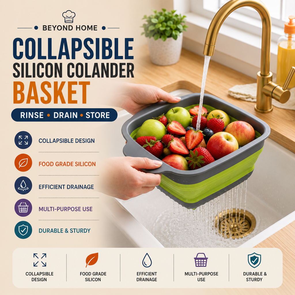 Collapsible Silicone Colander Basket | Foldable Fruit & Vegetable Washing Strainer with Handles