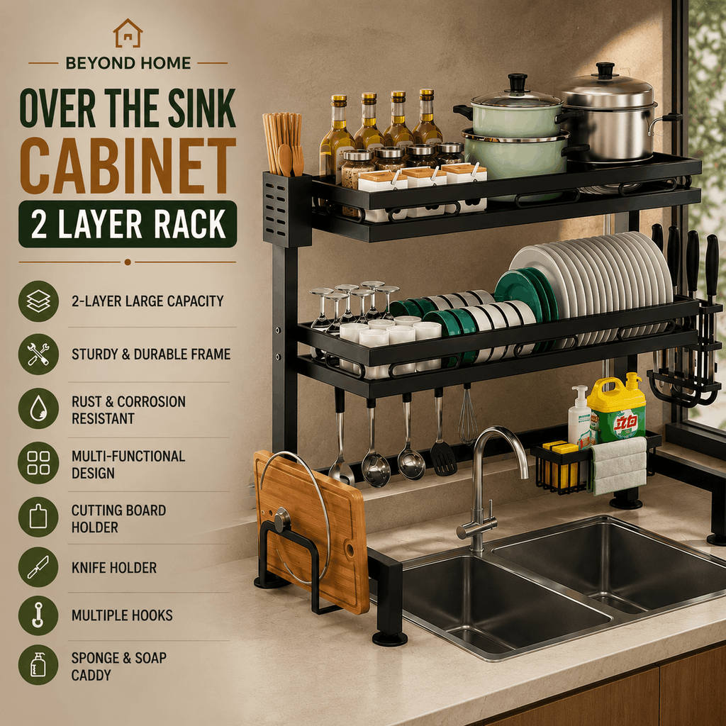 Over the Sink Cabinet 2 Layer Rack | Adjustable Kitchen Dish Drying & Storage Organizer