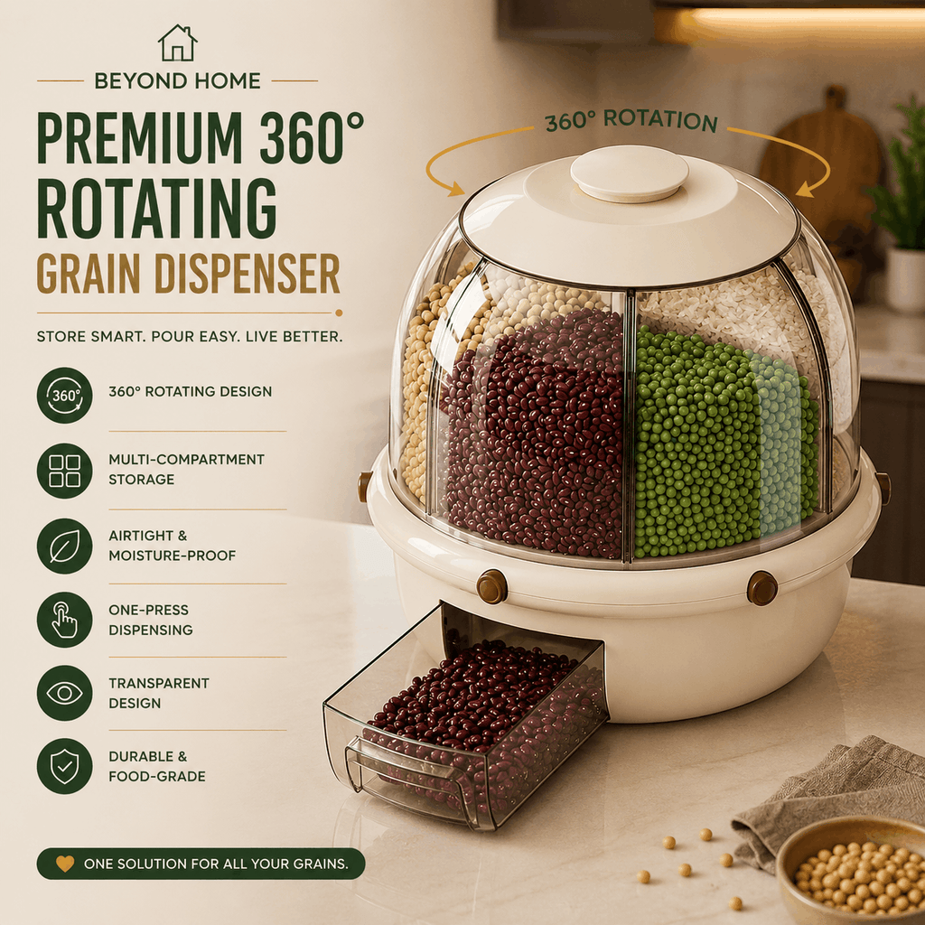 Premium 360° Rotating Grain Dispenser | Airtight Multi-Section Storage Container