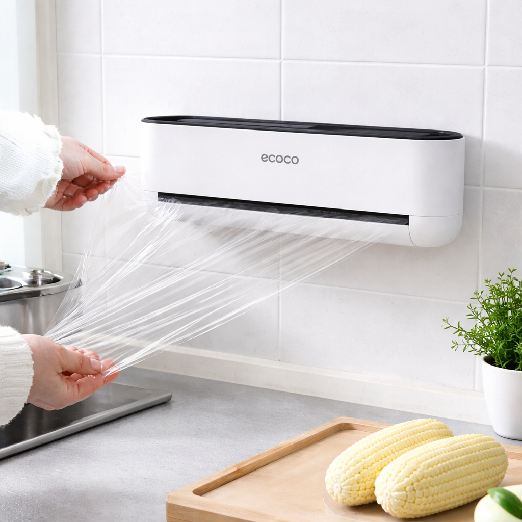 Ecoco Cling Film Cutter & Wrap Dispenser – Wall Mounted Kitchen Foil Organizer