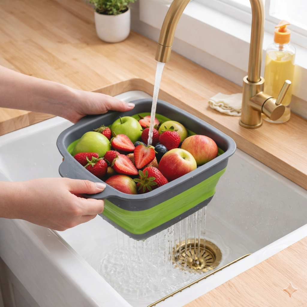 Collapsible Silicone Colander Basket | Foldable Fruit & Vegetable Washing Strainer with Handles
