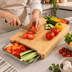 Bamboo Cutting Board With 2 Steel Trays