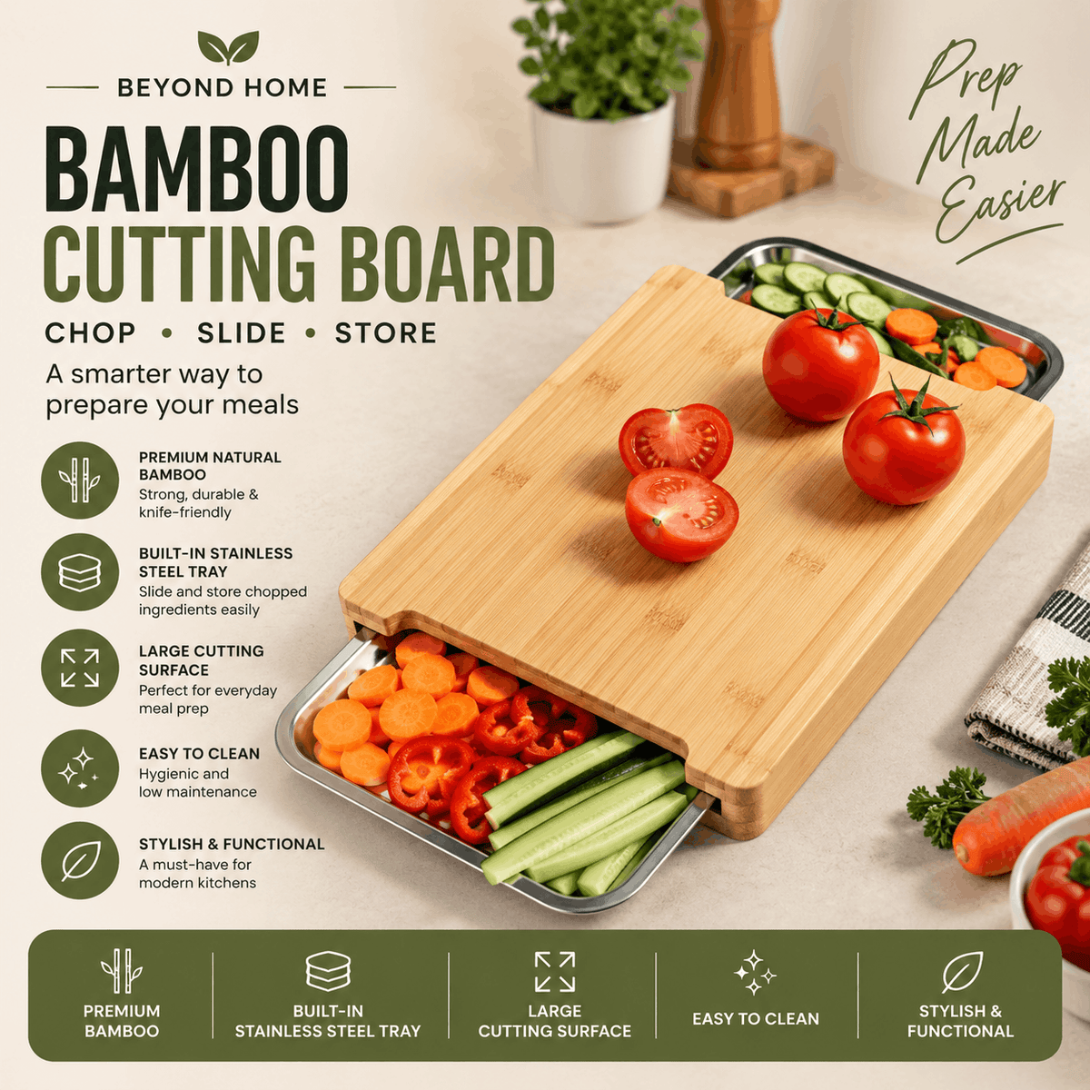 Bamboo Cutting Board With 2 Steel Trays