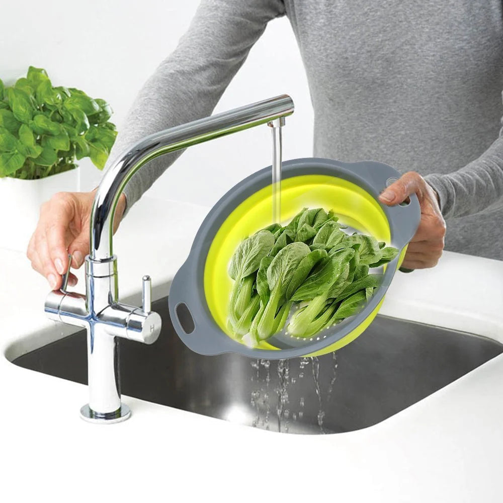 Round Collapsible Food-Grade Colander Basket | Foldable Fruit & Vegetable Washing Strainer with Handles