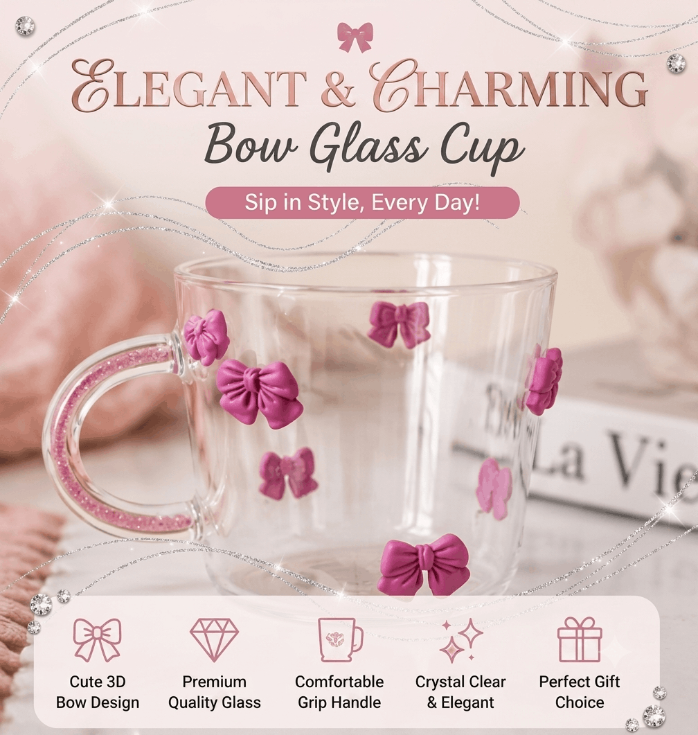 Cute Bow Glass Cup with Comfortable Handle – Elegant Drinking Mug