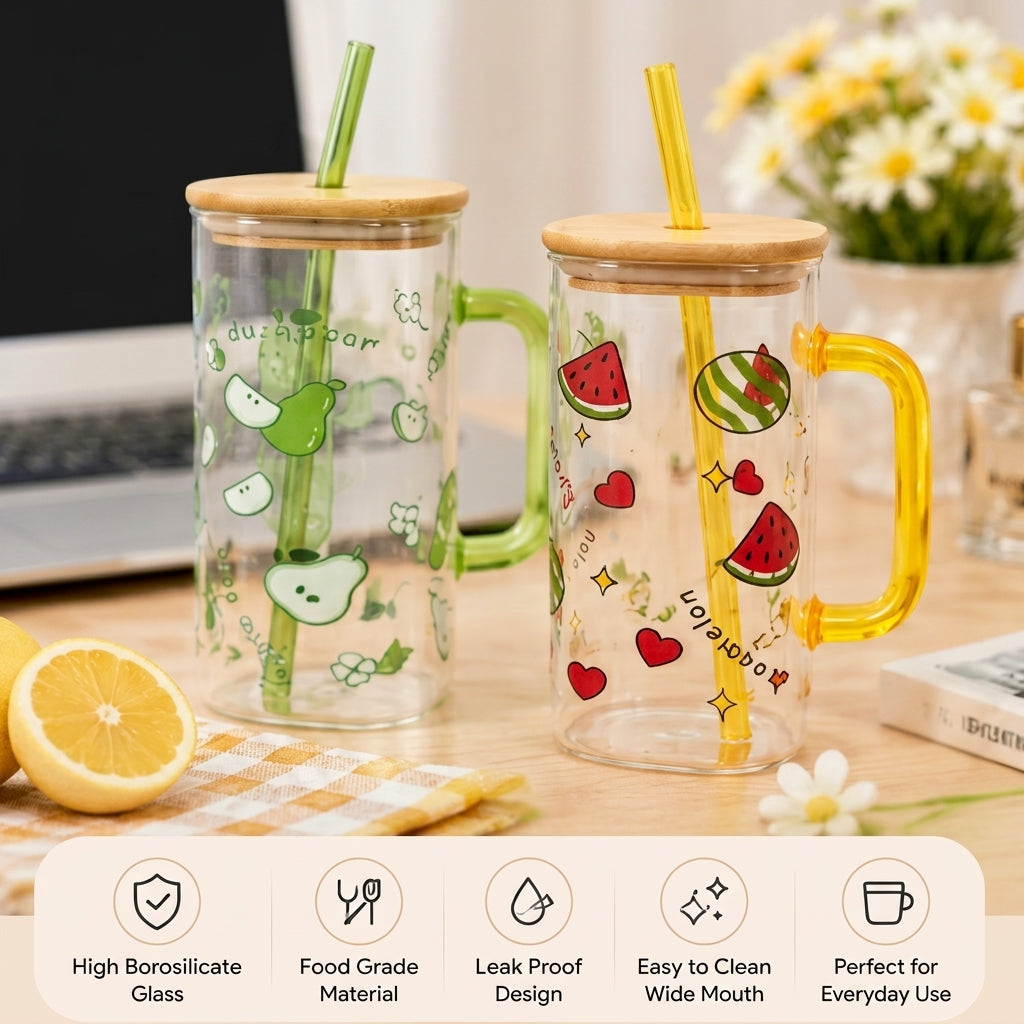 Cute Fruit Glass Sipper Mug with Bamboo Lid & Matching Glass Straw