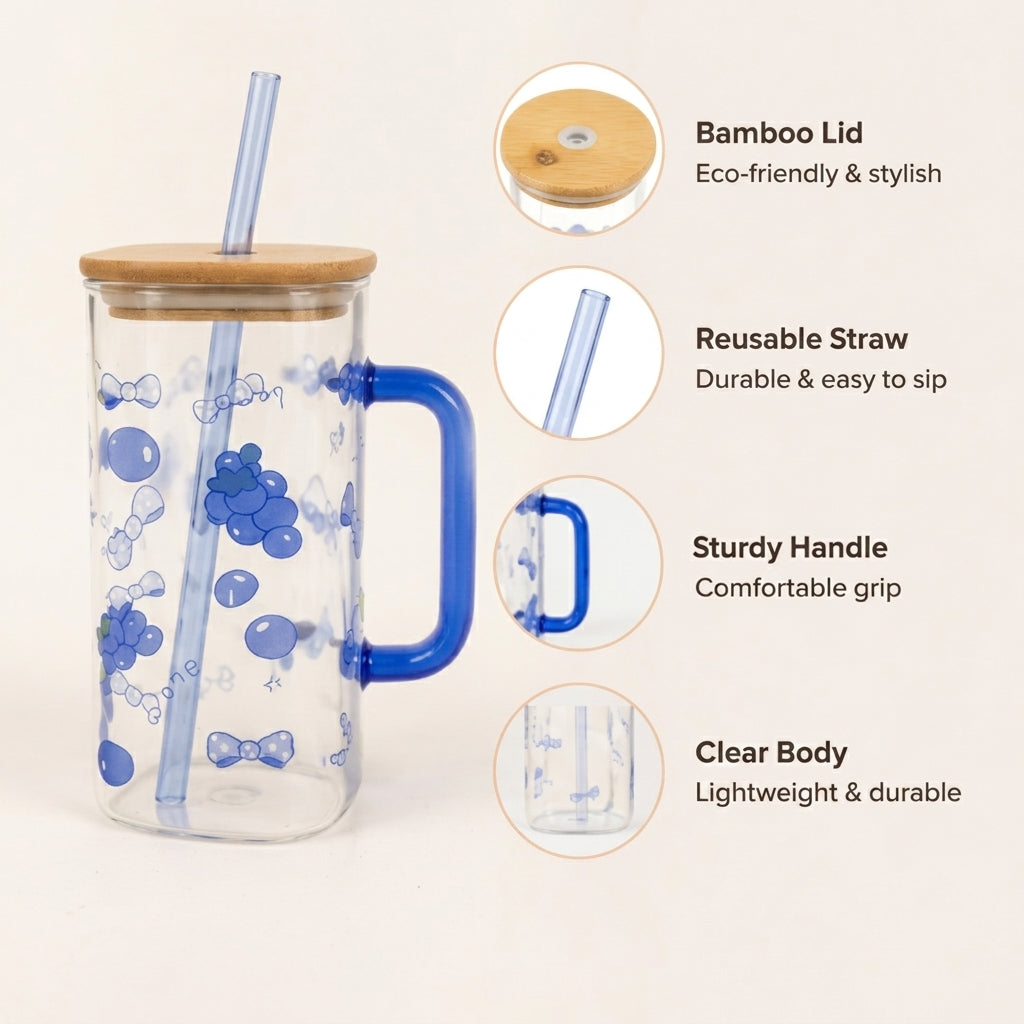Cute Fruit Glass Sipper Mug with Bamboo Lid & Matching Glass Straw