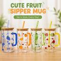 Cute Fruit Glass Sipper Mug with Bamboo Lid & Matching Glass Straw